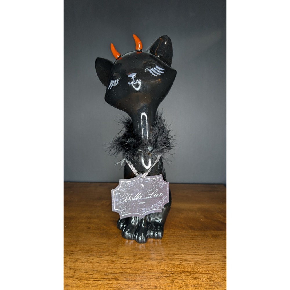 Bella Lux Black Devil Cat Figurine 11.5" Red Horns Feather Collar Halloween NWT